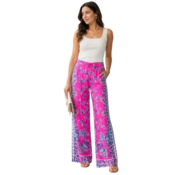 Lilly Pulitzer Pants - Lilly Pulitzer Bal Harbour Palazzo Pants Pink Blue Elephant Floral Print XL